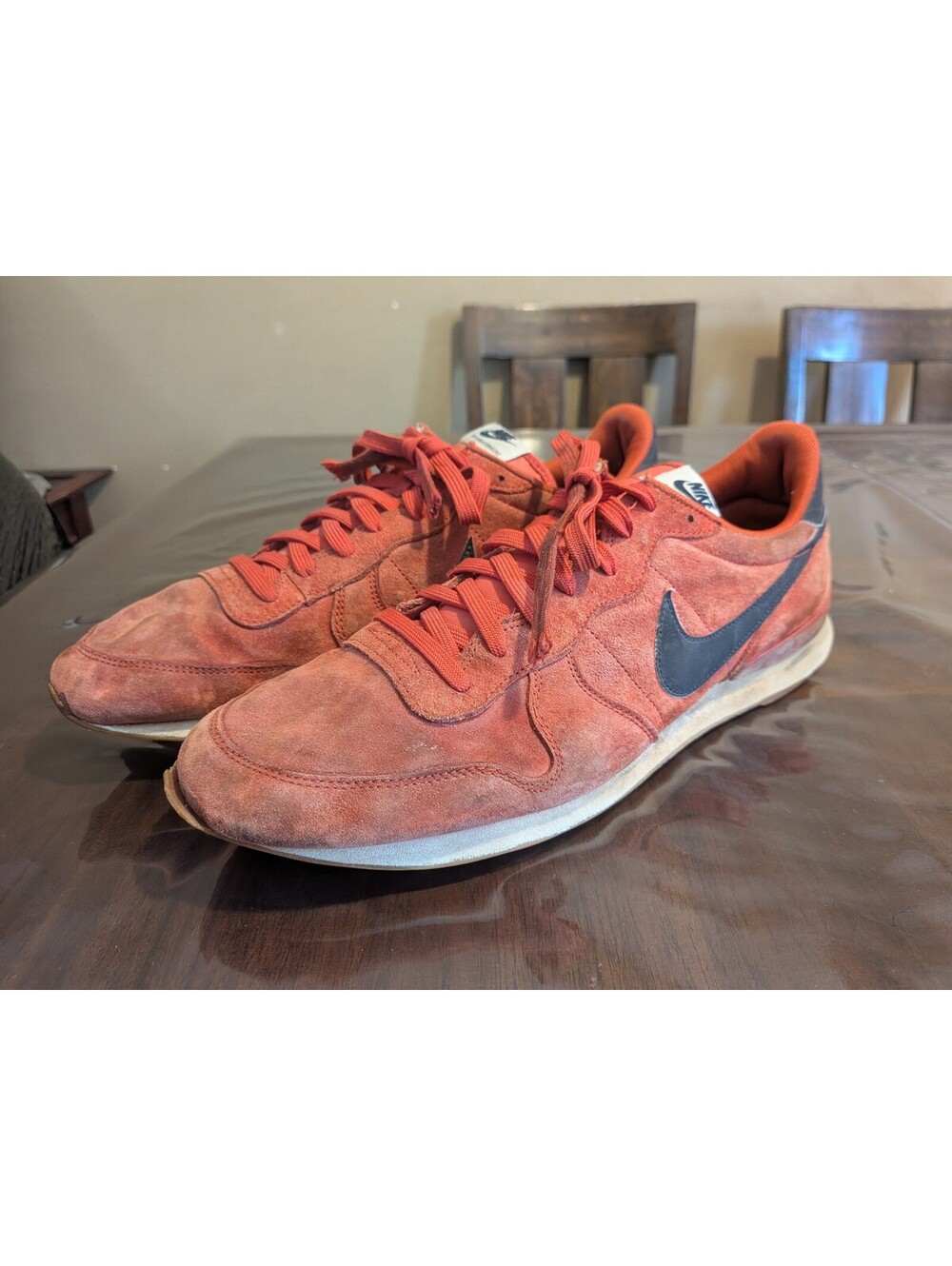 Nike Men's Red Suede Running Shoes with Black Swoosh, Size 14
